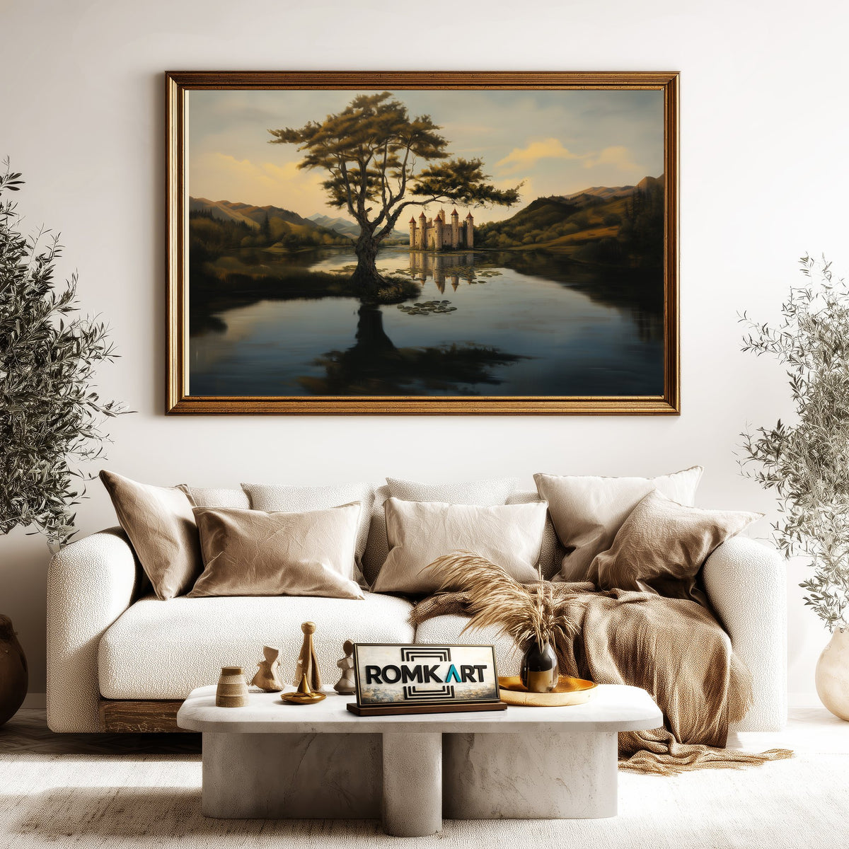 Grand Stone Castle at Reflective Lake Waterscape Oil Painting - image 5