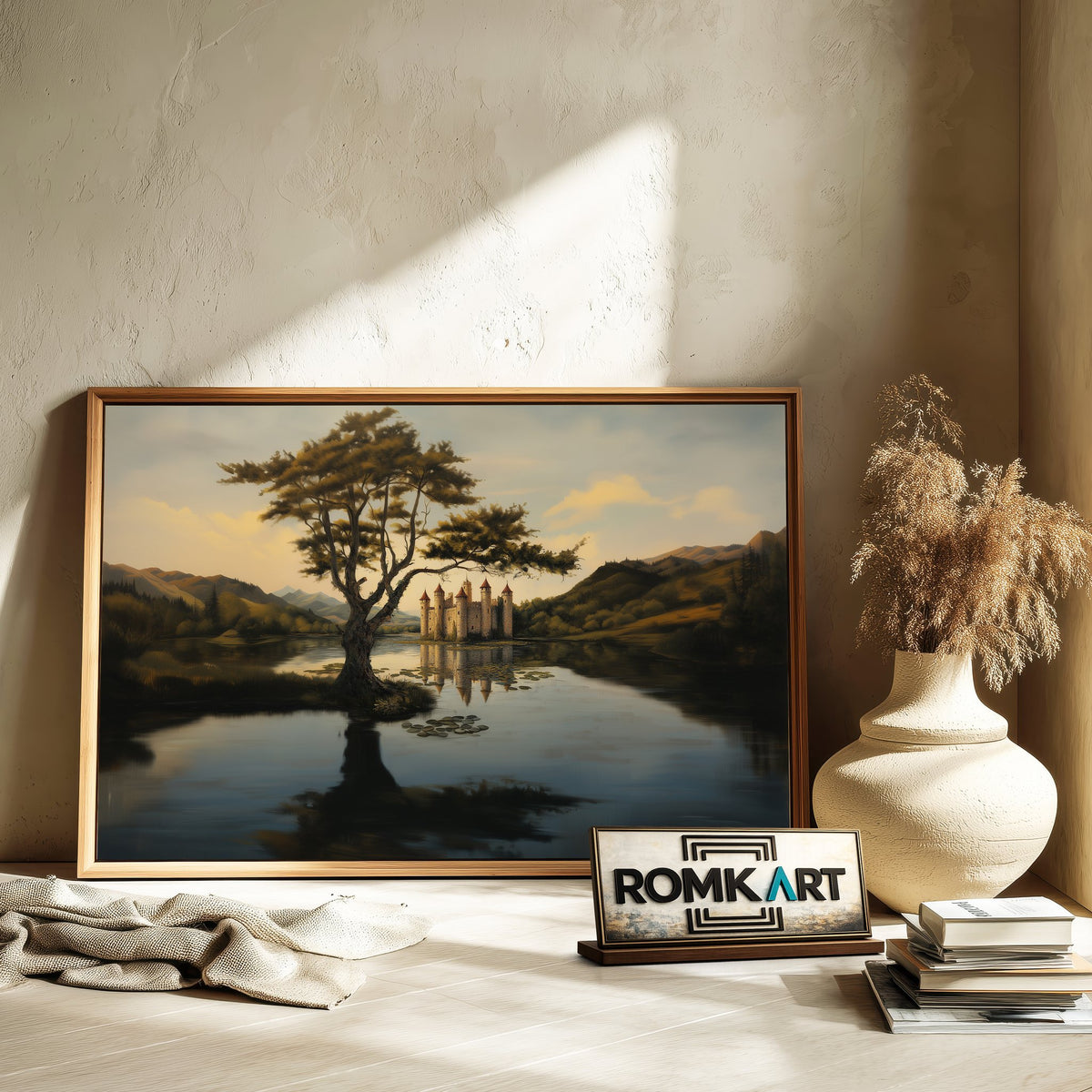 Grand Stone Castle at Reflective Lake Waterscape Oil Painting - image 6