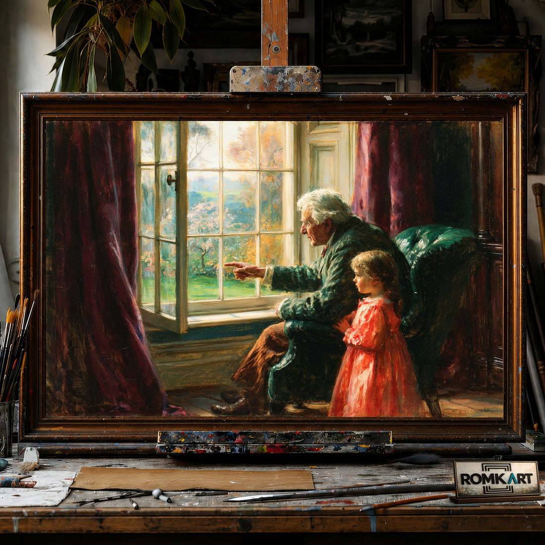 Grandpa and the Child - Hand-Painted Oil Painting - View 1