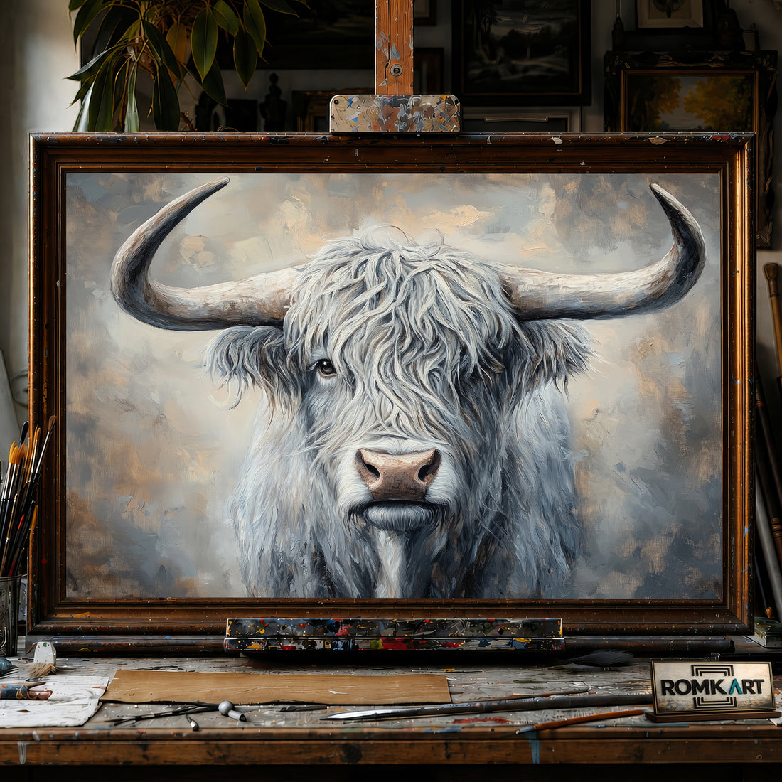 Gray Highland Cow hand-painted oil painting on canvas