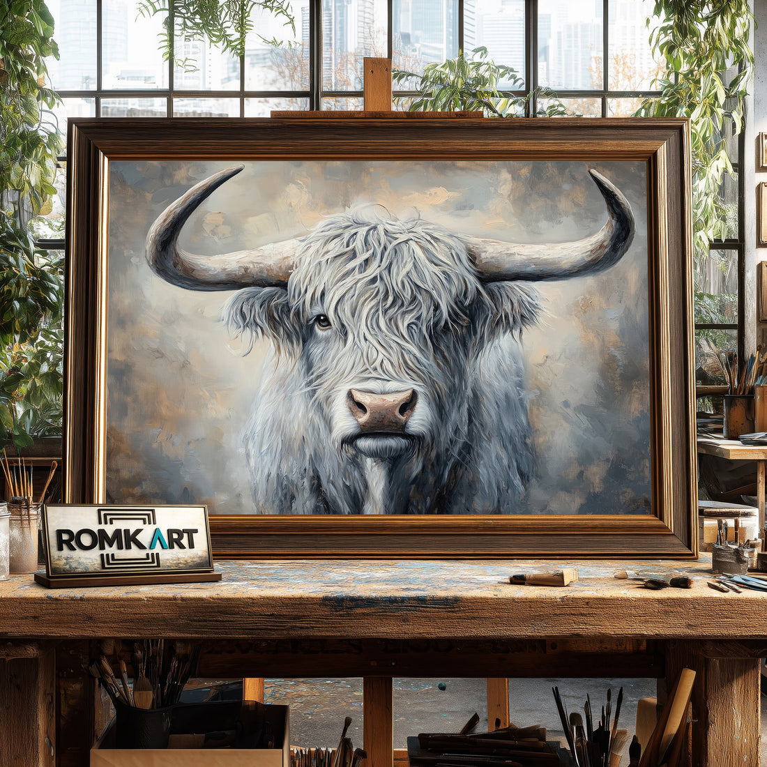 Gray Highland Cow hand-painted oil painting on canvas
