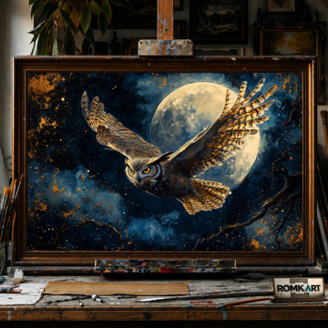 Great Horned Owl Full Moon hand-painted oil painting on canvas