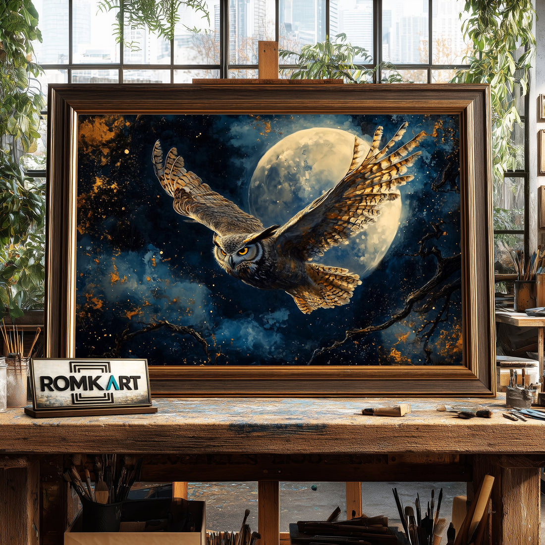 Great Horned Owl Full Moon hand-painted oil painting on canvas