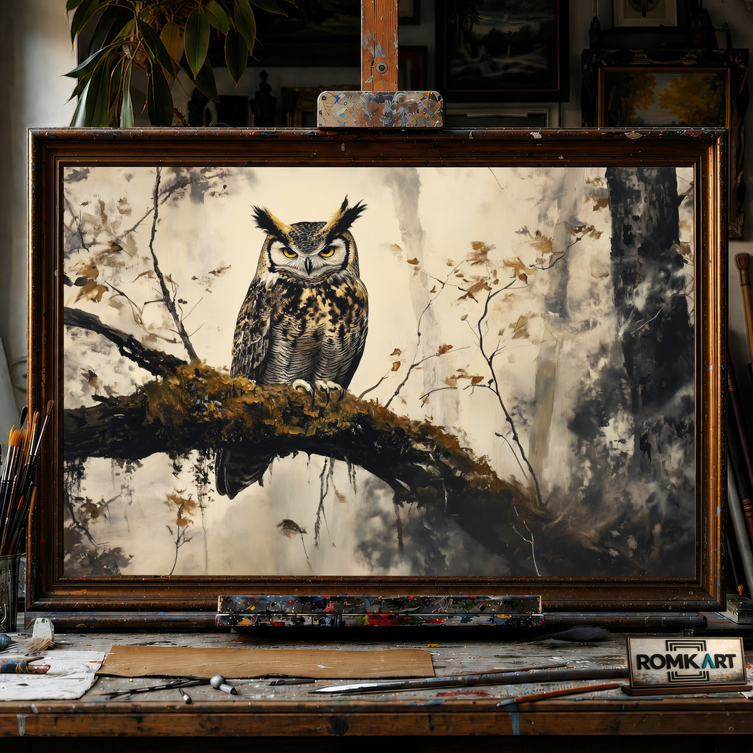 Great Horned Owl in the Forest Mist hand-painted oil painting on canvas