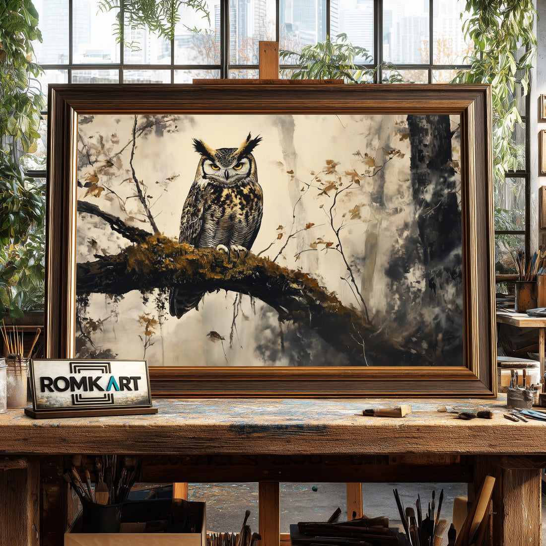 Great Horned Owl in the Forest Mist hand-painted oil painting on canvas