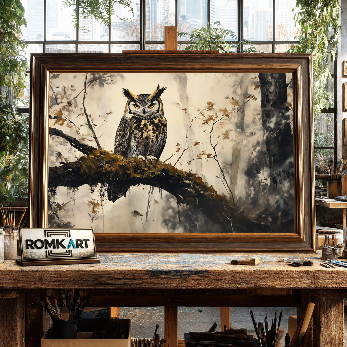 Great Horned Owl in the Forest Mist Bird Oil Painting - image 2