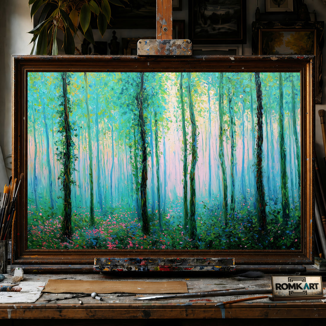 Green Forest through Spring Rain hand-painted oil painting on canvas