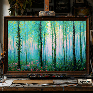 Green Forest through Spring Rain hand-painted oil painting on canvas