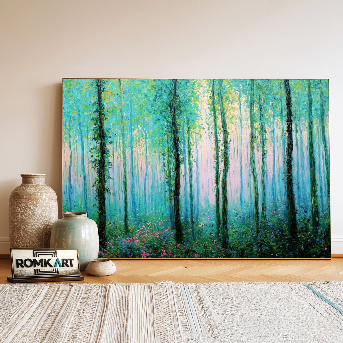 Green Forest through Spring Rain Forest Landscape Oil Painting - image 3