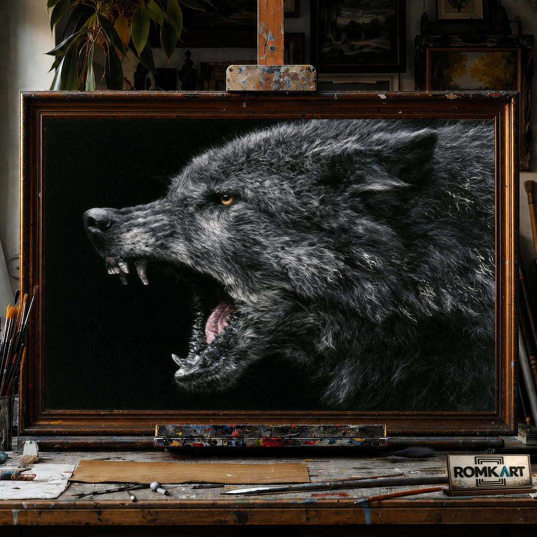 Grey Wolf's Head - Hand-Painted Oil Painting - View 1