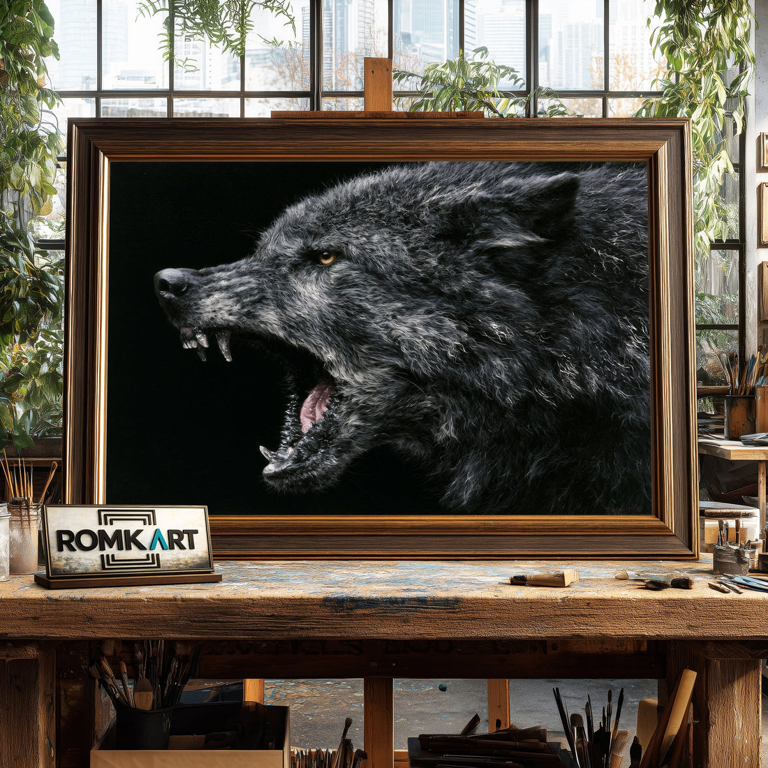 Grey Wolf's Head - Hand-Painted Oil Painting - View 1