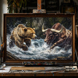 Grizzly Bear and Bull hand-painted oil painting on canvas