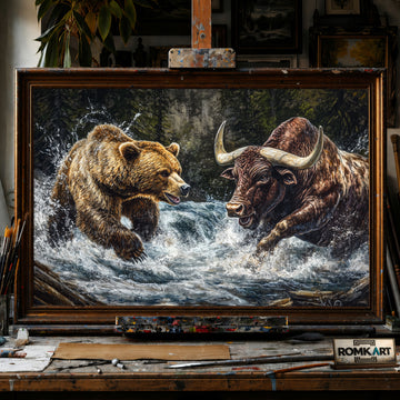 Grizzly Bear and Bull hand-painted oil painting on canvas