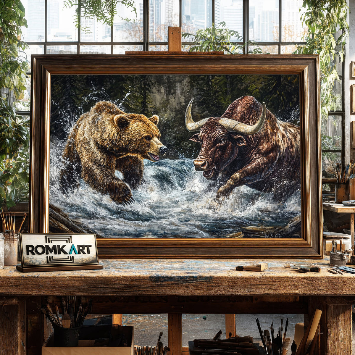 Grizzly Bear and Bull Farm Animal Oil Painting - image 2