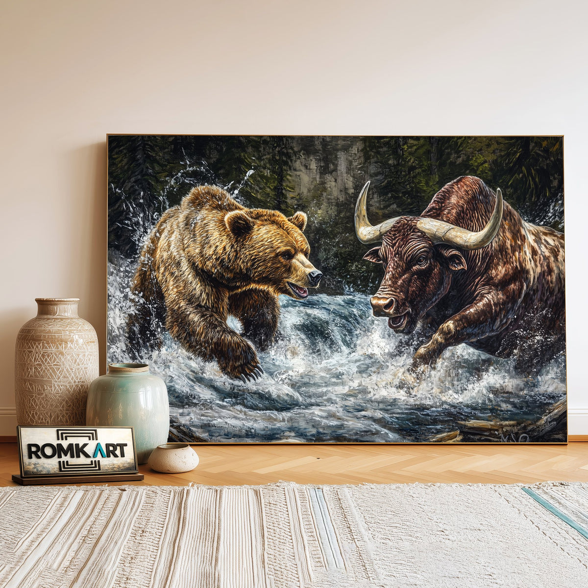 Grizzly Bear and Bull Farm Animal Oil Painting - image 3