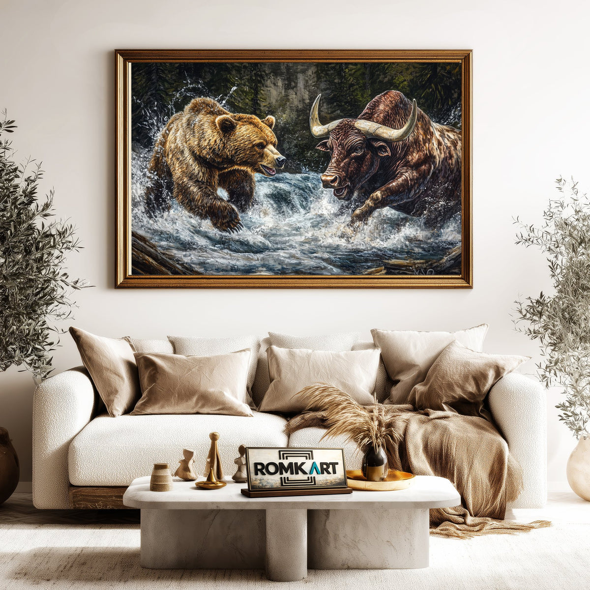 Grizzly Bear and Bull Farm Animal Oil Painting - image 5