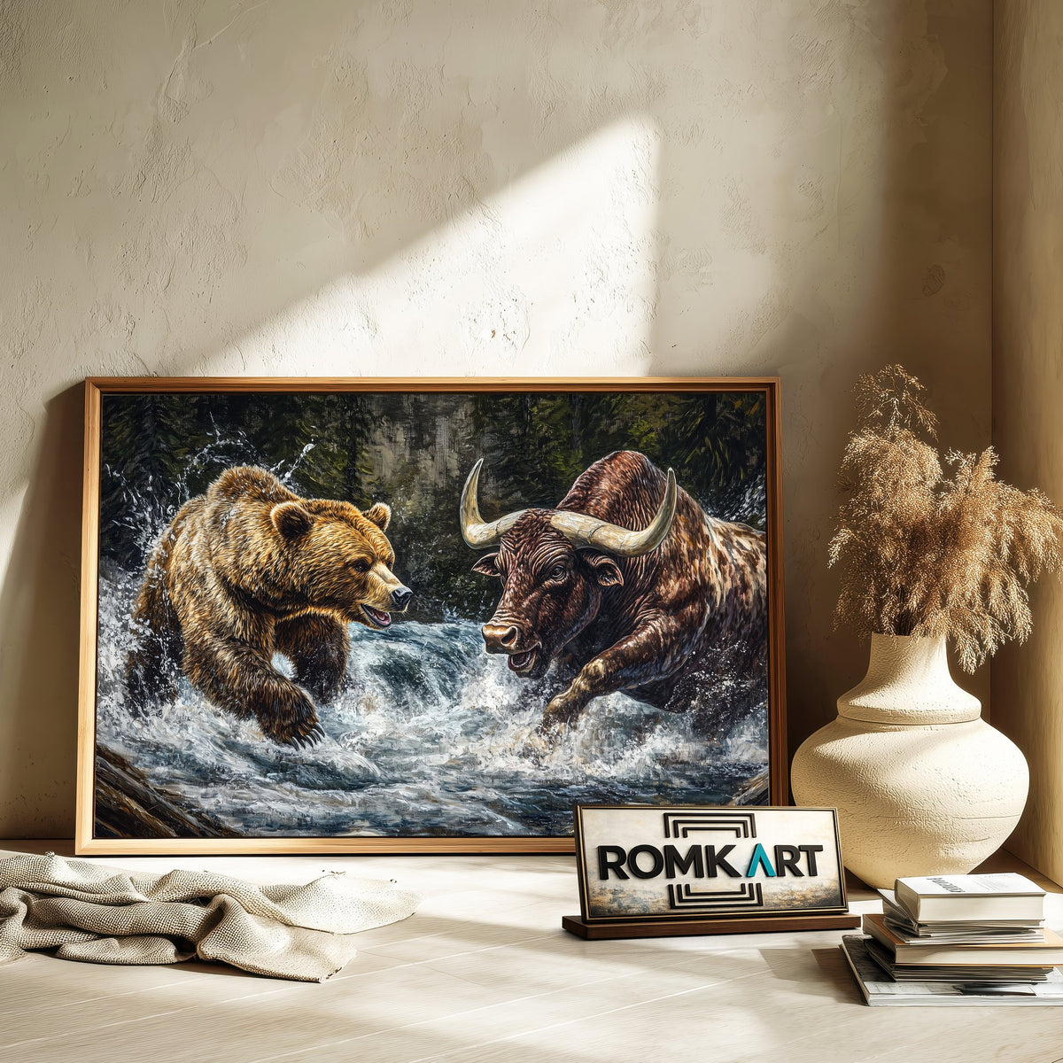 Grizzly Bear and Bull Farm Animal Oil Painting - image 6