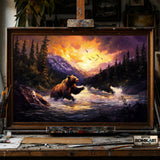 Grizzly Bear in River Forest Sunset hand-painted oil painting on canvas