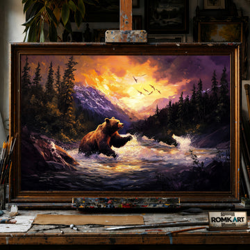 Grizzly Bear in River Forest Sunset hand-painted oil painting on canvas