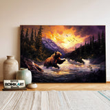 Grizzly Bear in River Forest Sunset Wildlife Oil Painting - image 3