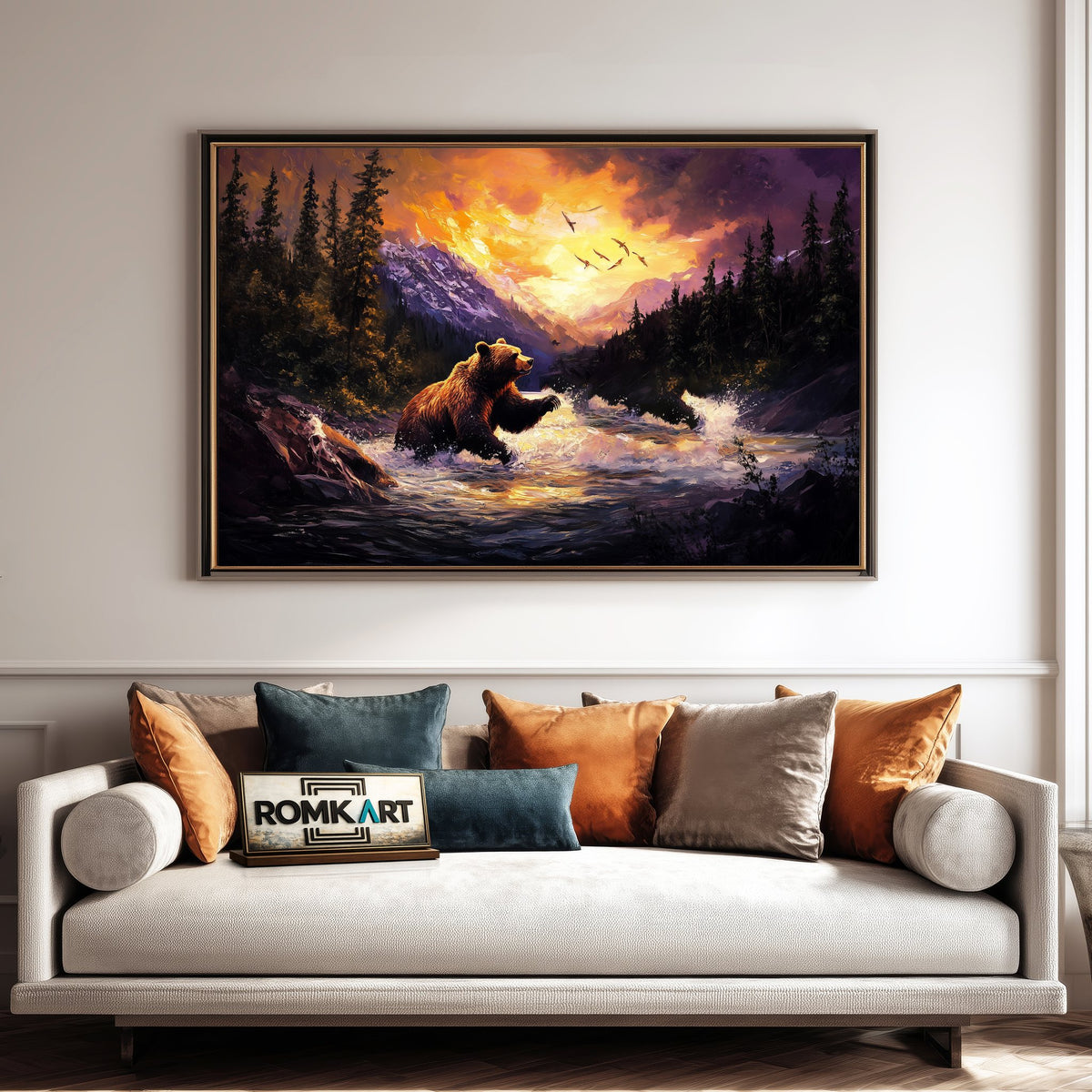 Grizzly Bear in River Forest Sunset Wildlife Oil Painting - image 4
