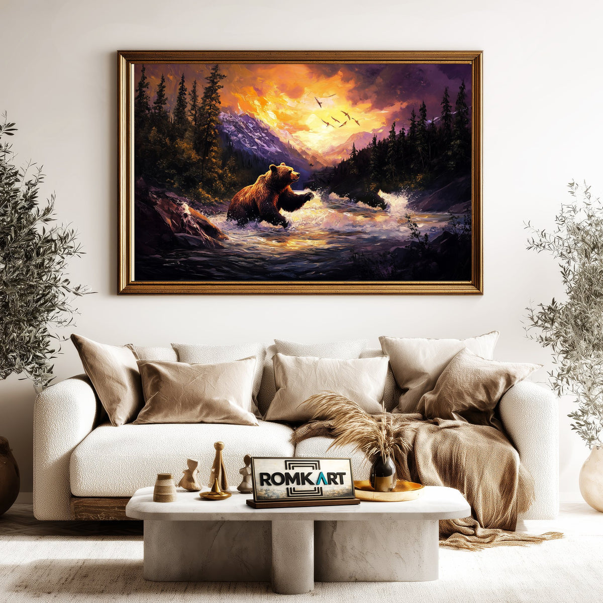 Grizzly Bear in River Forest Sunset Wildlife Oil Painting - image 5