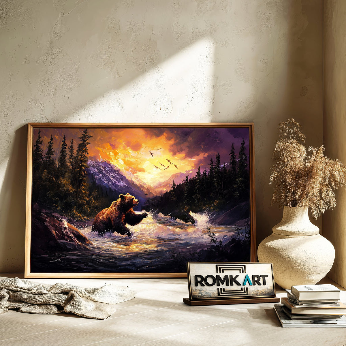 Grizzly Bear in River Forest Sunset Wildlife Oil Painting - image 6