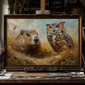 Groundhog and Owl hand-painted oil painting on canvas