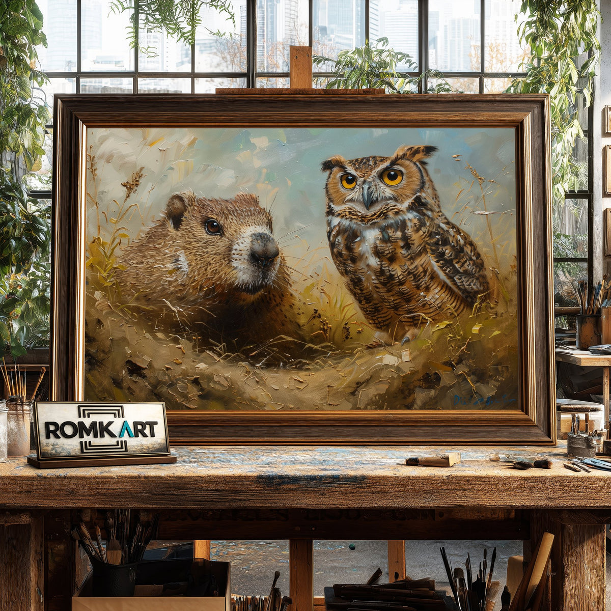 Groundhog and Owl Bird Oil Painting - image 2