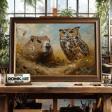 Groundhog and Owl Bird Oil Painting - image 2
