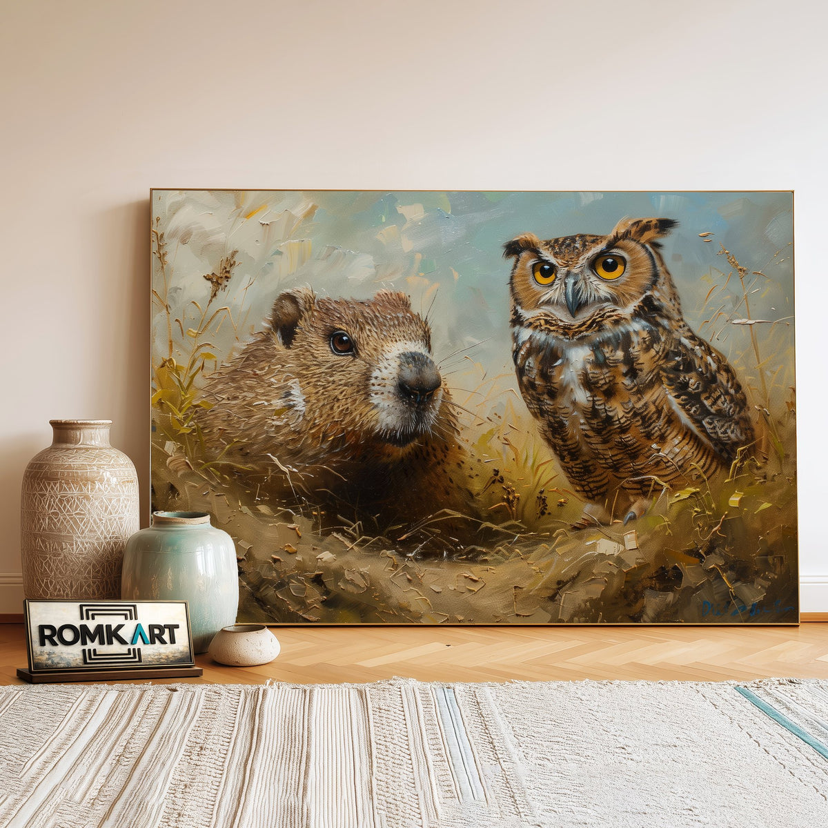 Groundhog and Owl Bird Oil Painting - image 3