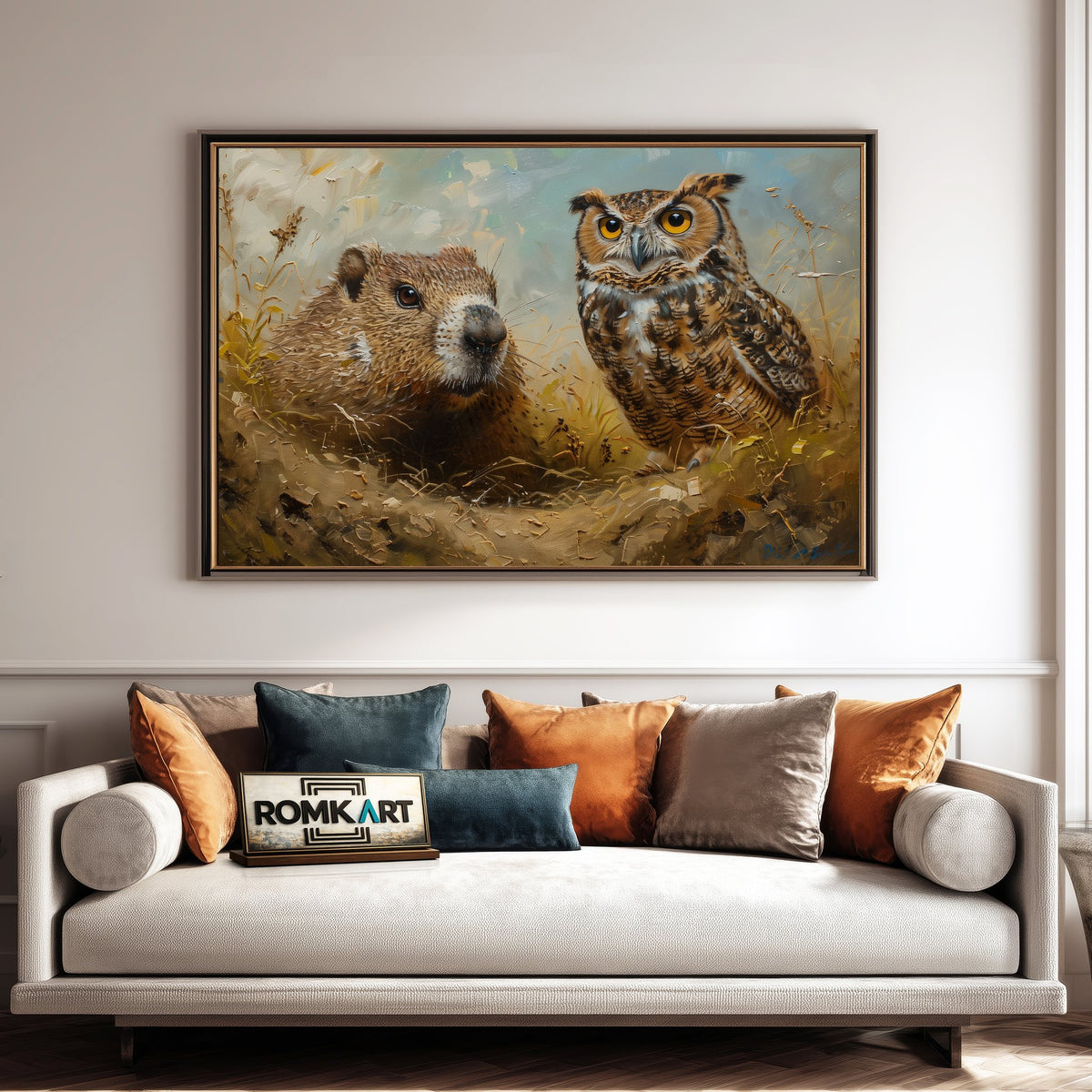 Groundhog and Owl Bird Oil Painting - image 4