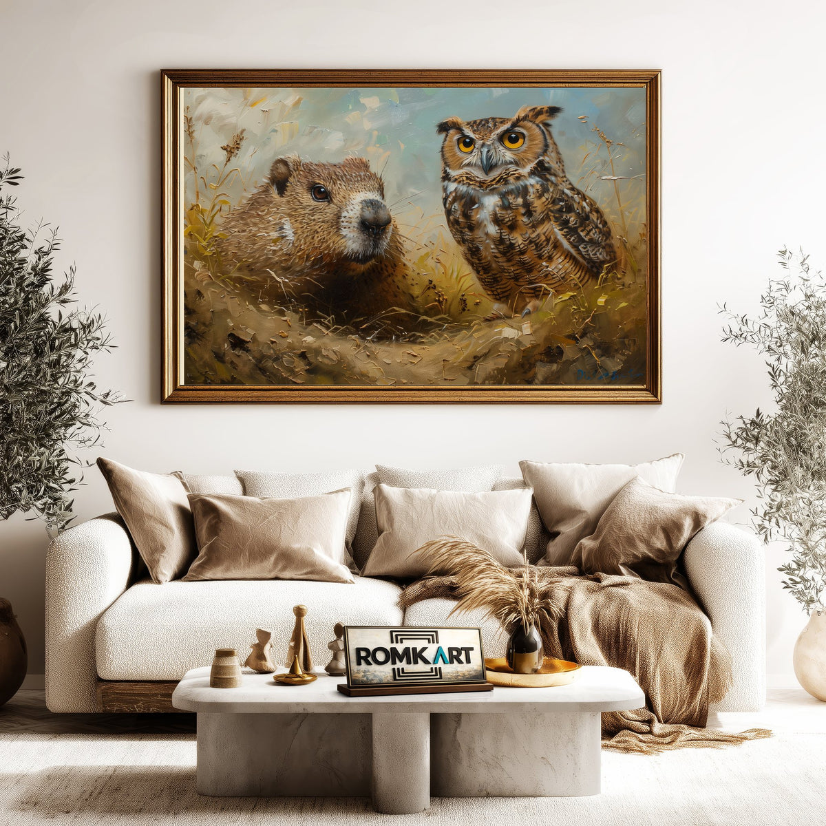 Groundhog and Owl Bird Oil Painting - image 5