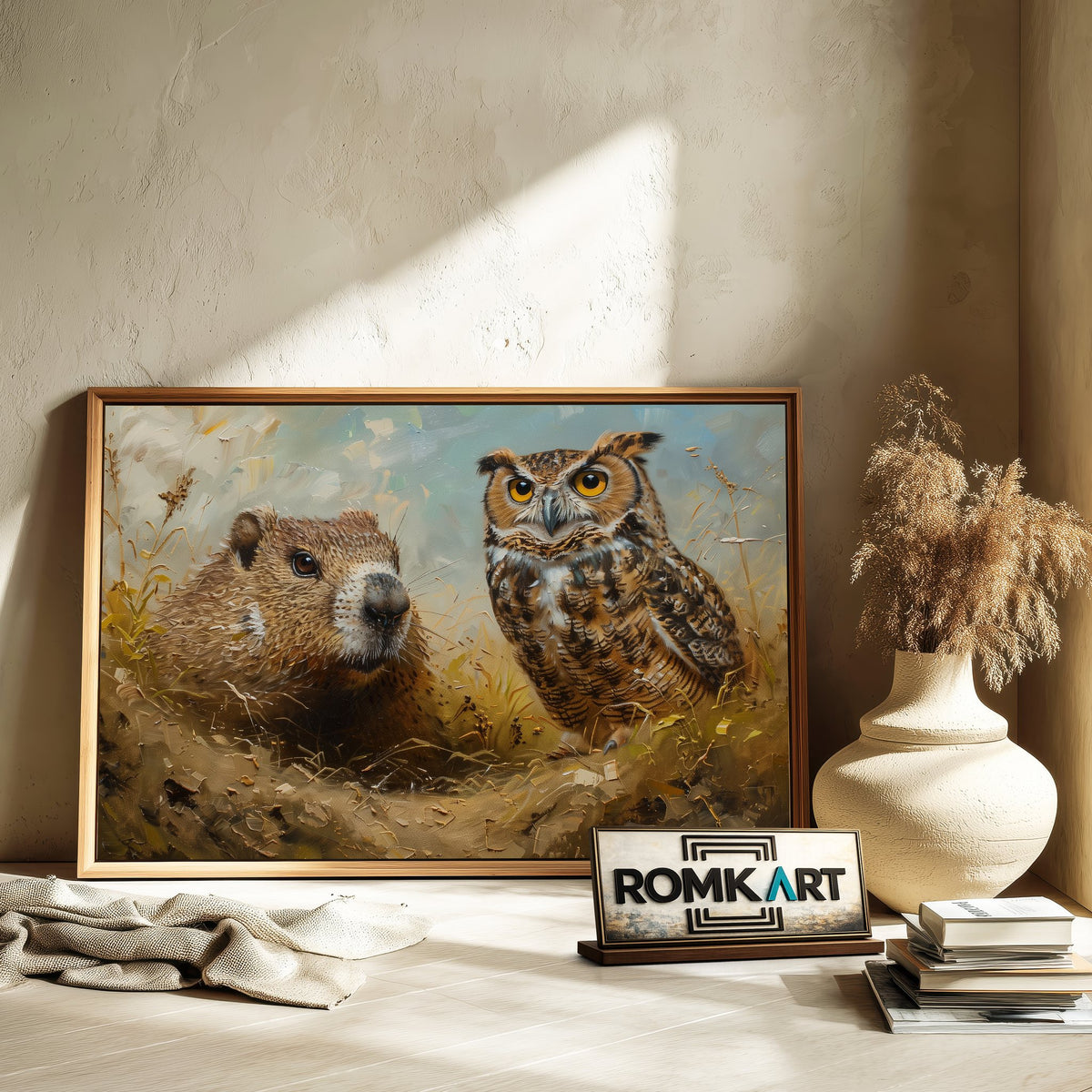 Groundhog and Owl Bird Oil Painting - image 6