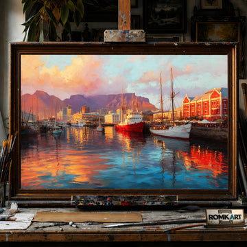Harbor Scene at Sunset hand-painted oil painting on canvas