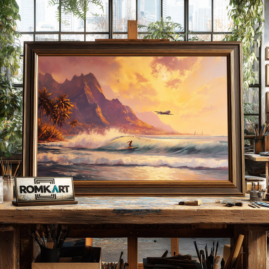 Hawaiian Surfing Scene at Sunrise Sports Oil Painting