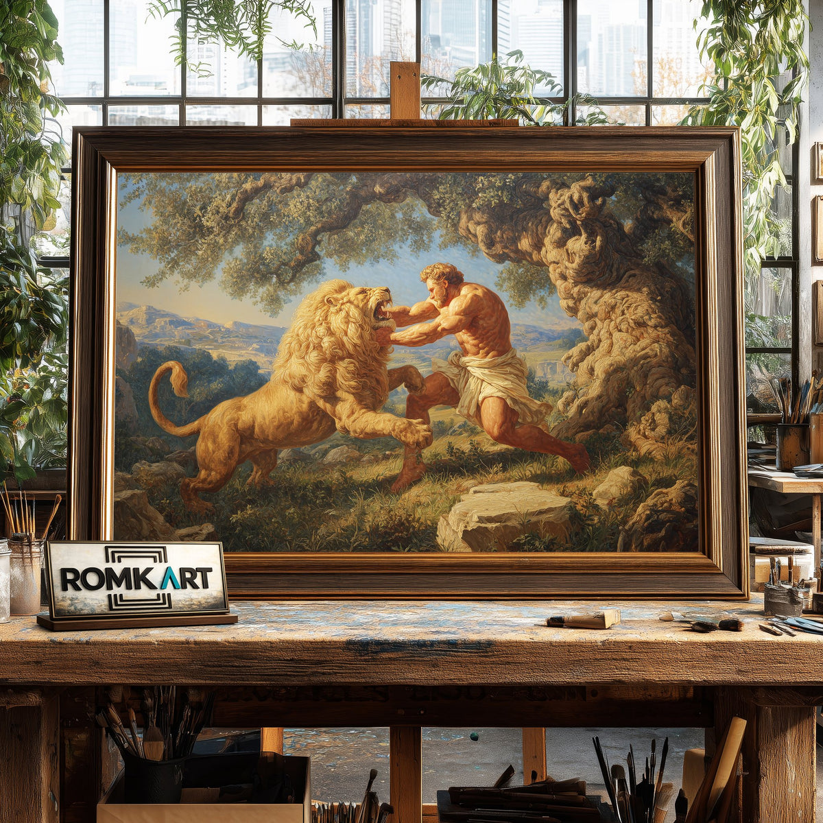 Hercules Fighting Nemean Lion Fantasy Oil Painting - image 2