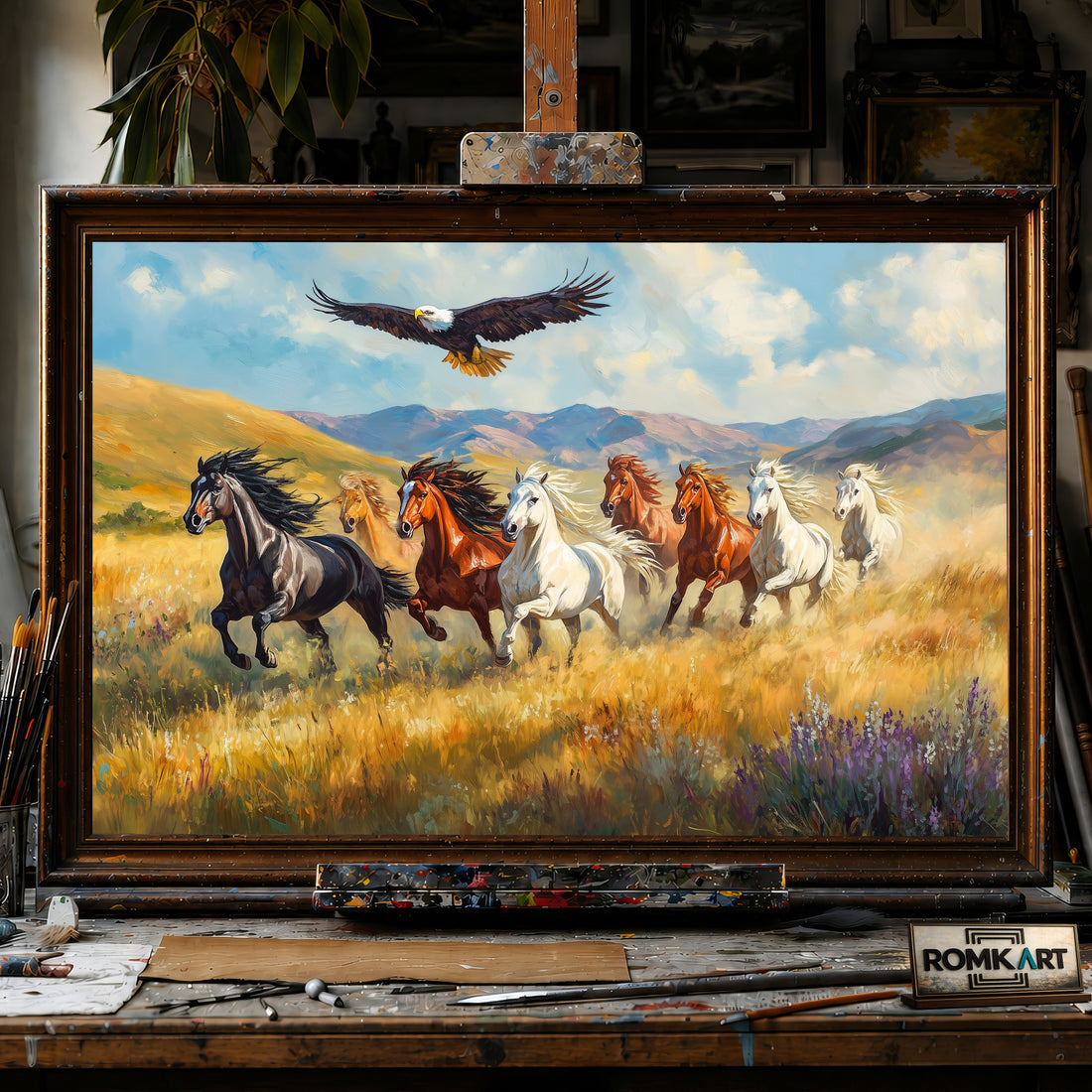 Herd of Wild Horses and Bald Eagle hand-painted oil painting on canvas