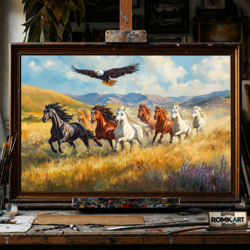 Herd of Wild Horses and Bald Eagle hand-painted oil painting on canvas