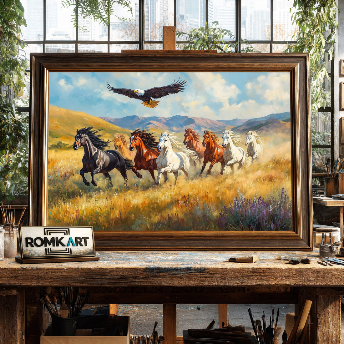 Herd of Wild Horses and Bald Eagle hand-painted oil painting on canvas