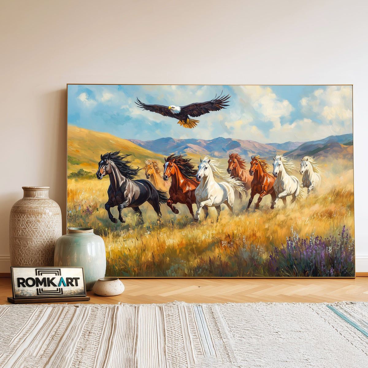Herd of Wild Horses and Bald Eagle Equestrian Oil Painting - image 3