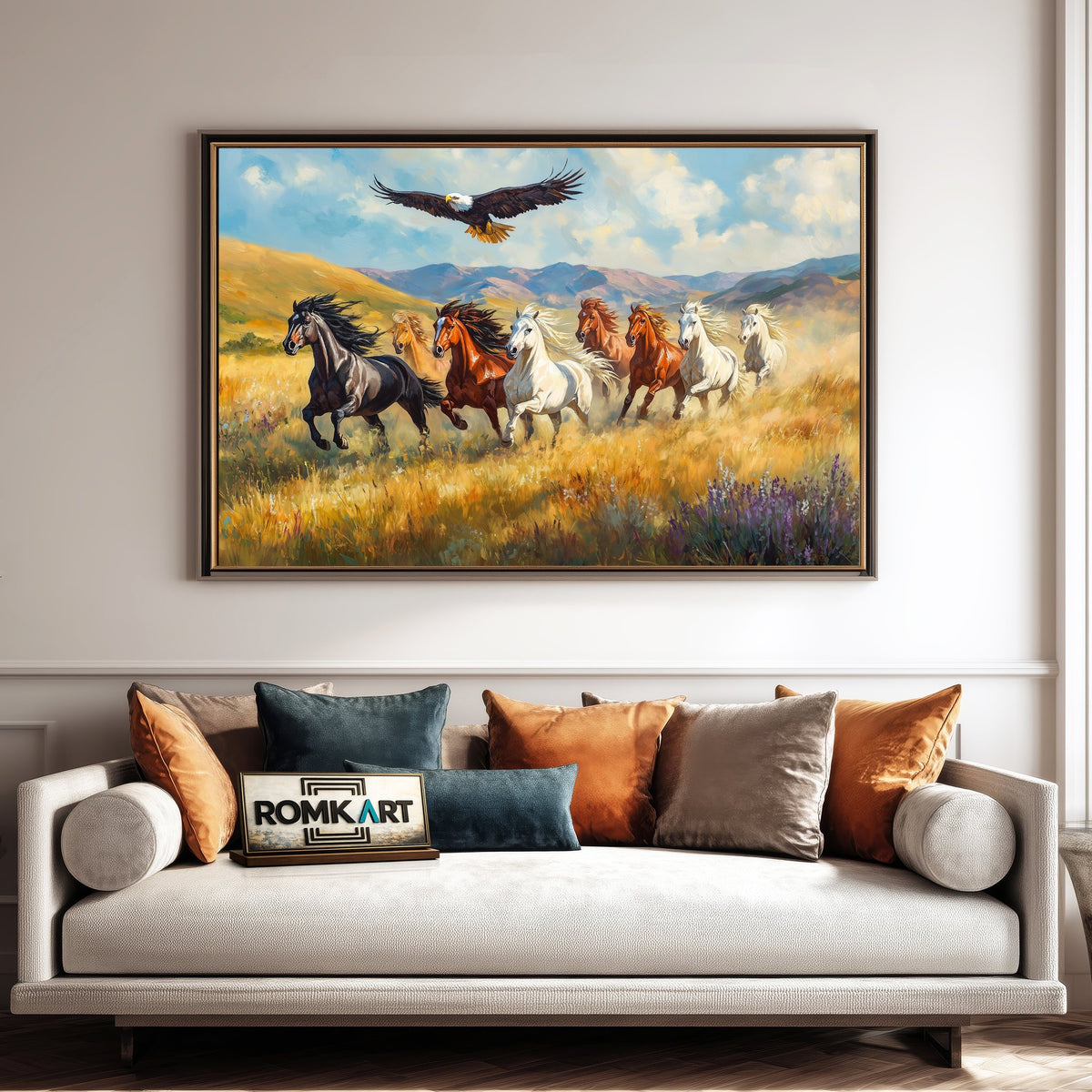 Herd of Wild Horses and Bald Eagle Equestrian Oil Painting - image 4