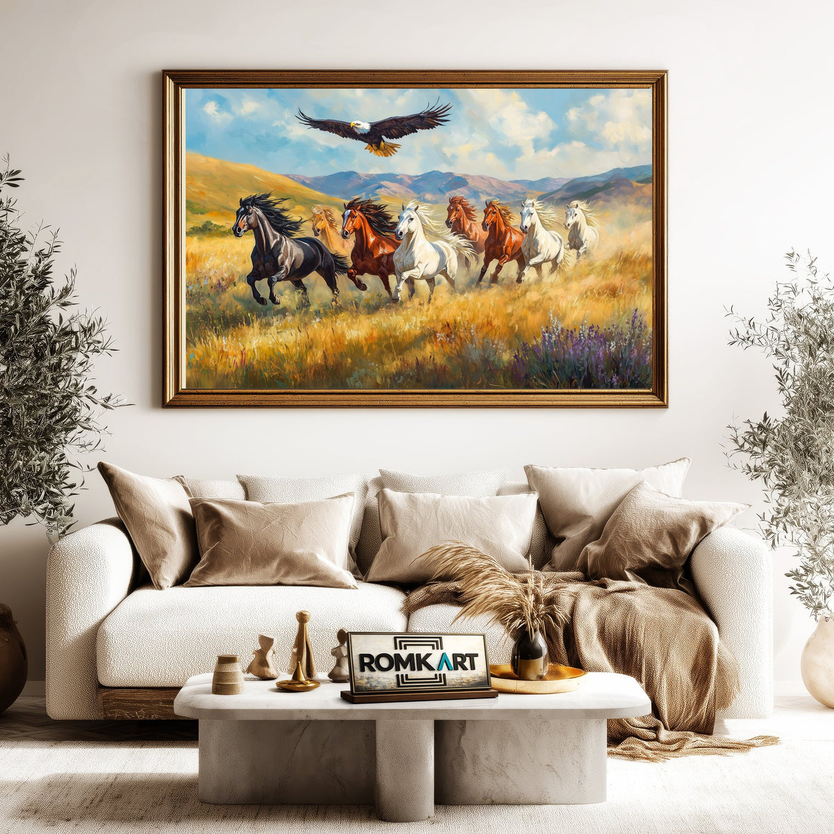 Herd of Wild Horses and Bald Eagle Equestrian Oil Painting - image 5