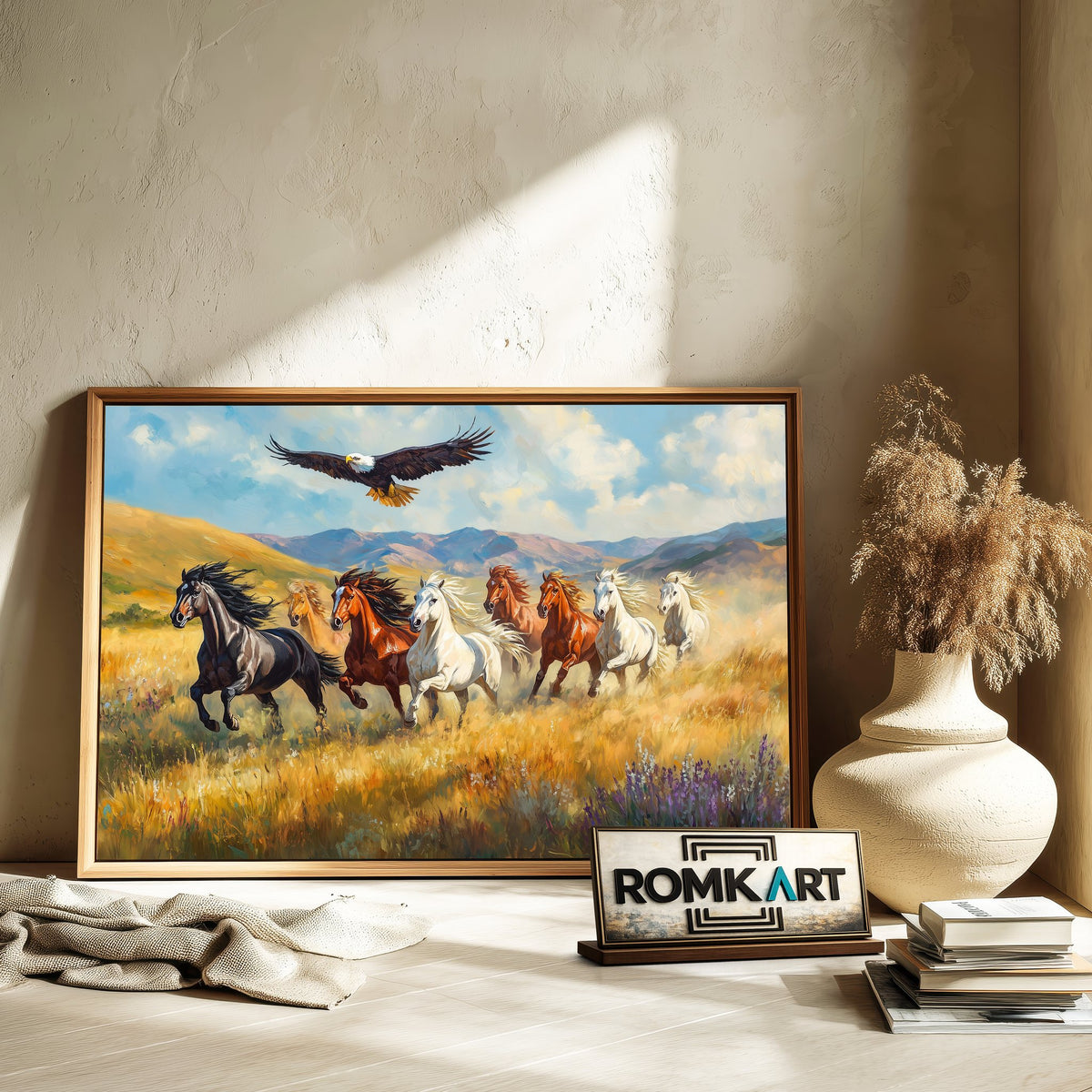Herd of Wild Horses and Bald Eagle Equestrian Oil Painting - image 6
