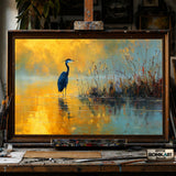 Heron in Shallow Water - Hand-Painted Oil Painting - View 1
