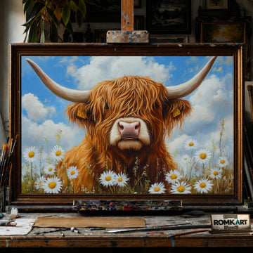 Highland Cow Flowers hand-painted oil painting on canvas