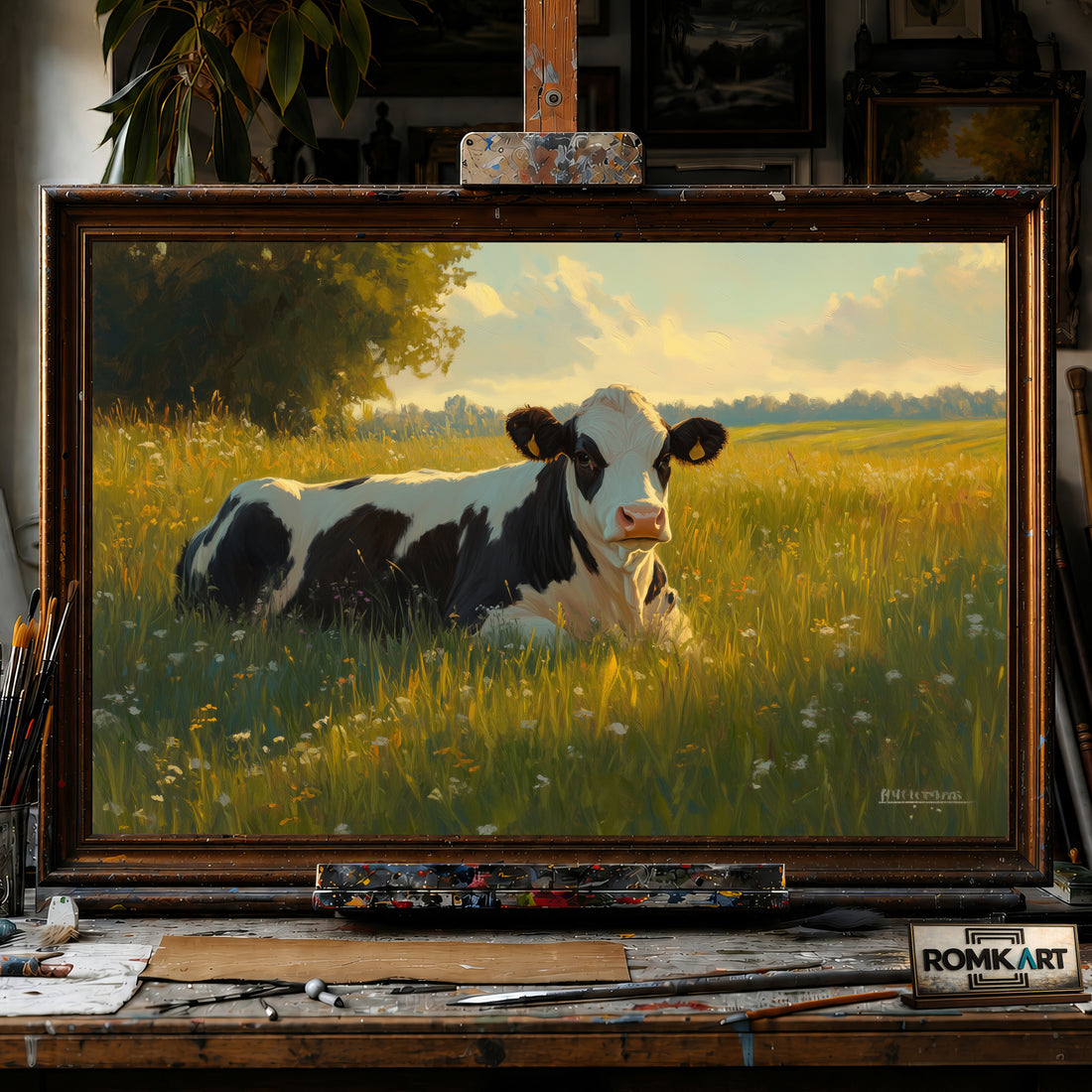 Holstein Cow Sunlight hand-painted oil painting on canvas