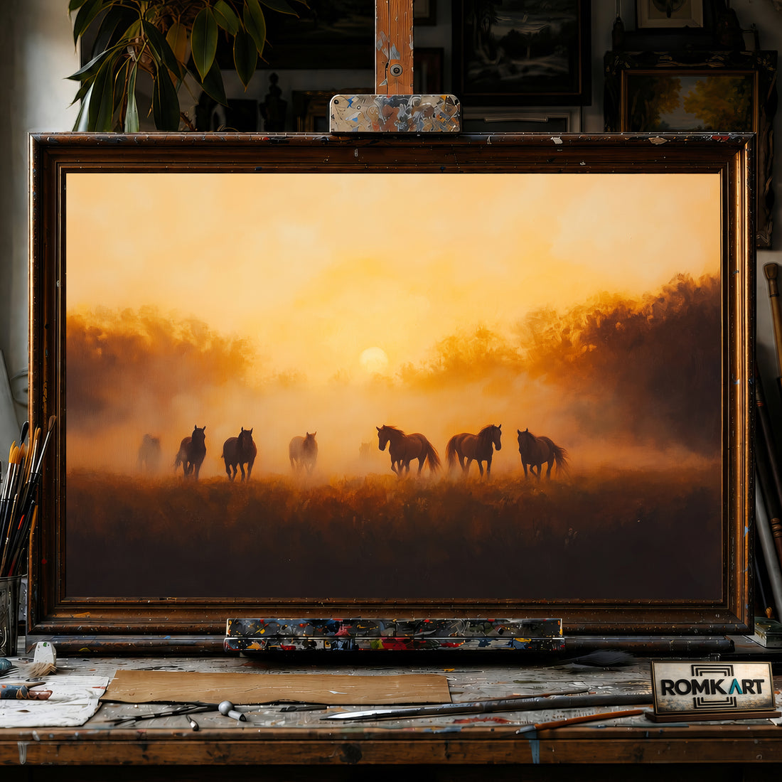 Horses at sunrise hand-painted oil painting on canvas