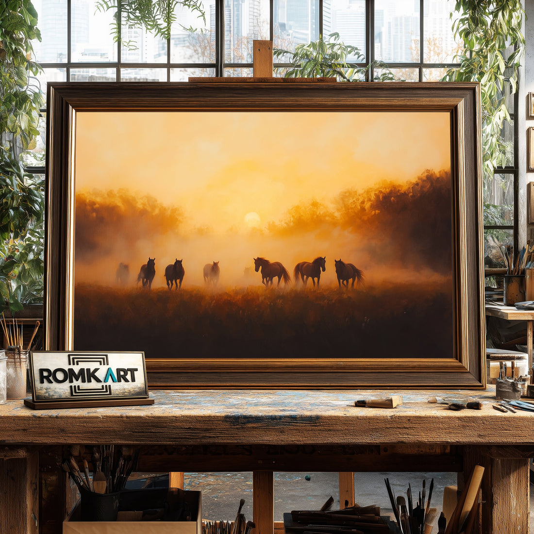 Horses at sunrise hand-painted oil painting on canvas