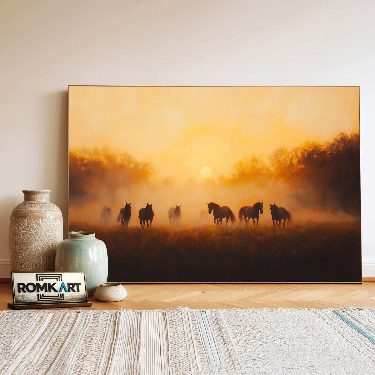 Horses at sunrise Equestrian Oil Painting - image 3